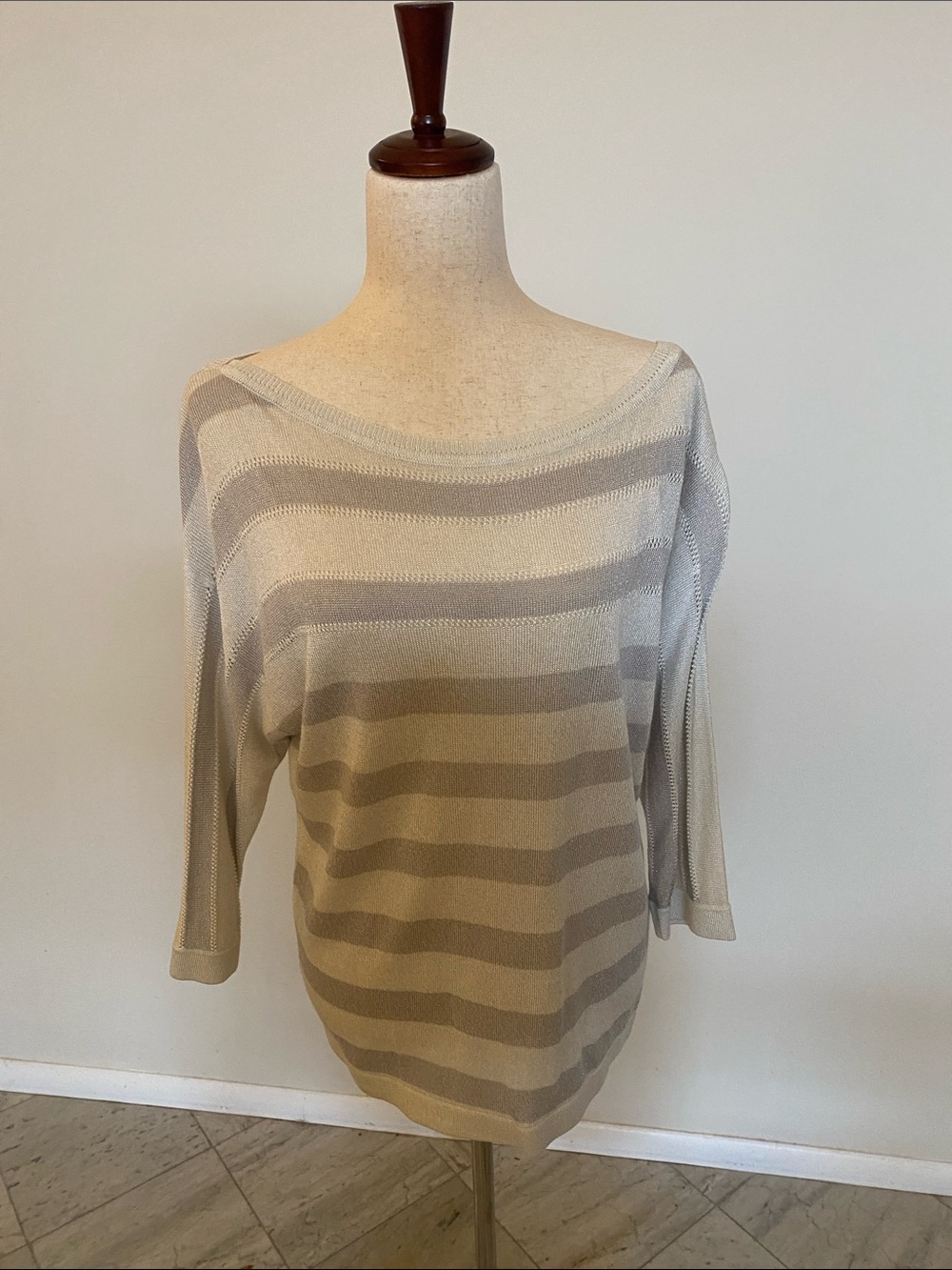 Light Beige And Grey Striped Boatneck Women's Sweater